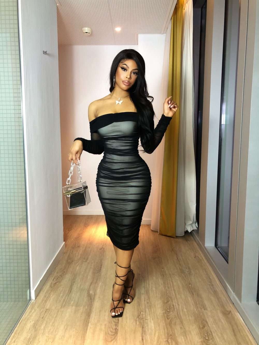 Elegance black rushed dress